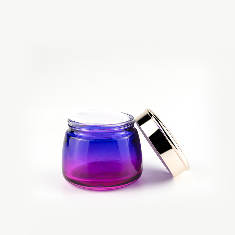 Unique Design 50g 100g customized shading color cream jar wide bottom cosmetic glass jar with electroplate lid for body cream