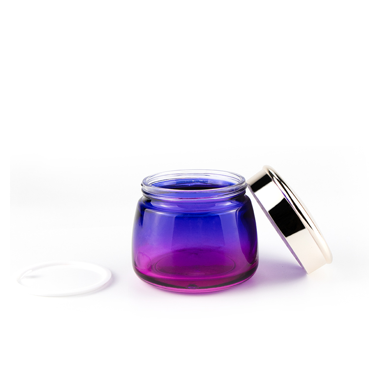 Unique Design 50g 100g customized shading color cream jar wide bottom cosmetic glass jar with electroplate lid for body cream