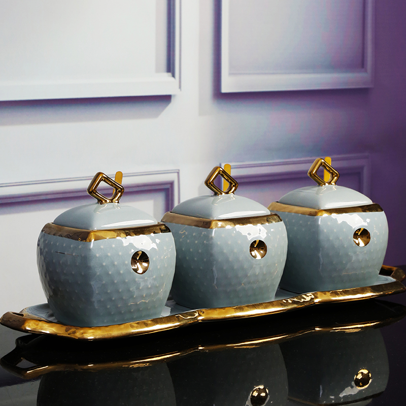 Unique Design Hot Sale Retro luxury ceramic jar spices with spoon square