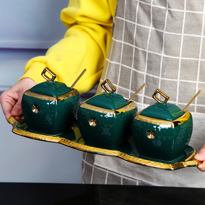 Unique Design Hot Sale Retro luxury ceramic jar spices with spoon square