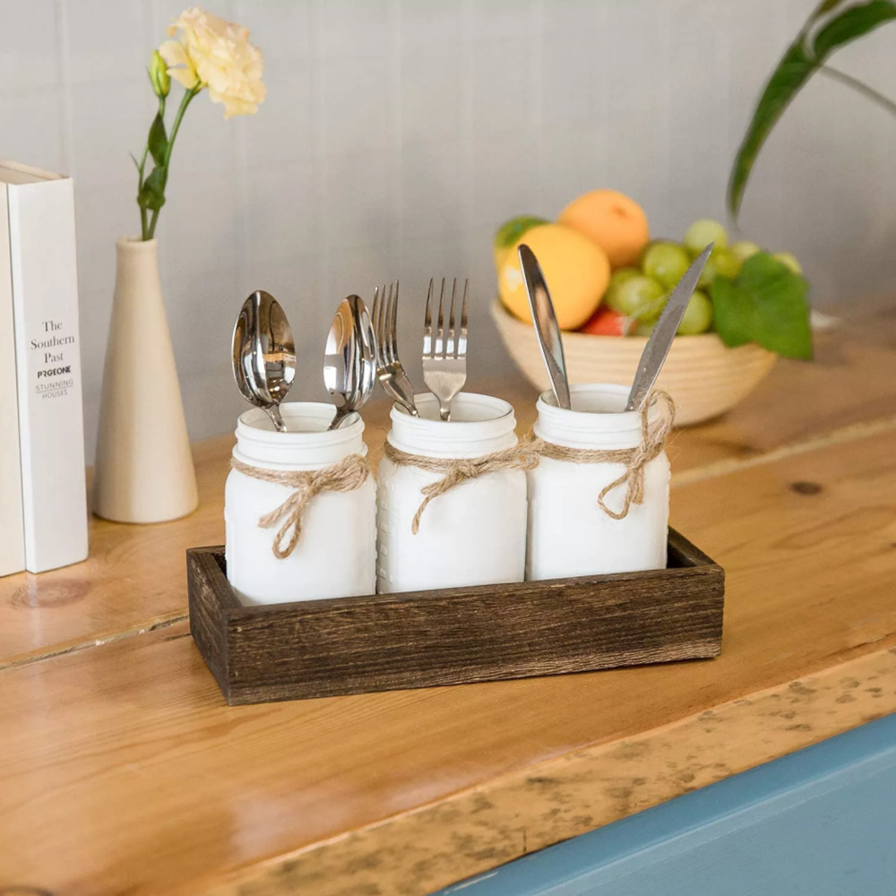 Unique Designed Kitchen Table Decor for Dinner Room Tableware Jars 3 Mason Jars Wooden Tray