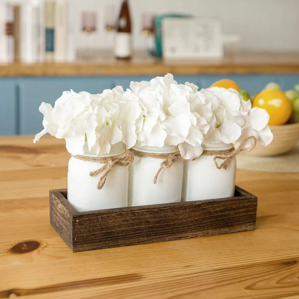 Unique Designed Kitchen Table Decor for Dinner Room Tableware Jars 3 Mason Jars Wooden Tray