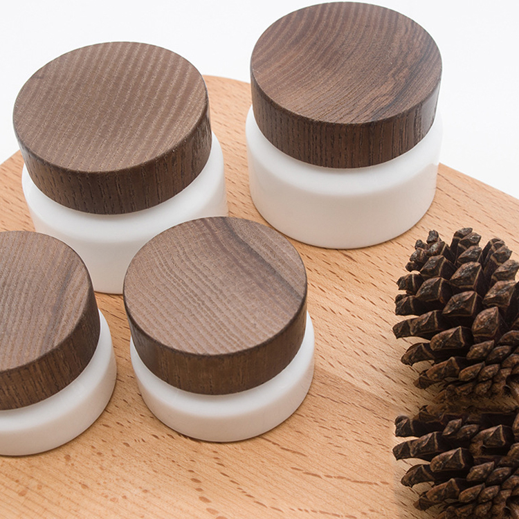 Unique Face cream packaging slant shoulder white glass cosmetic jar 50g with dark wood lid
