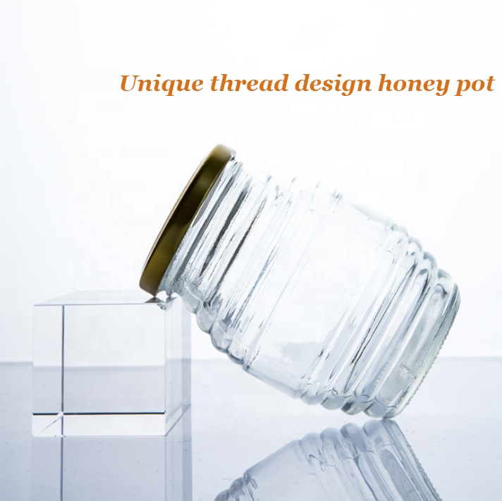 Unique Glass Storage Bottle With Thread Pattern Round 70ml 180ml 380ml 730ml Transparent Honey Jar