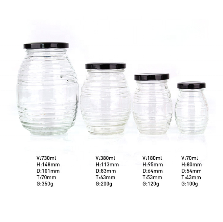 Unique Glass Storage Bottle With Thread Pattern Round 70ml 180ml 380ml 730ml Transparent Honey Jar