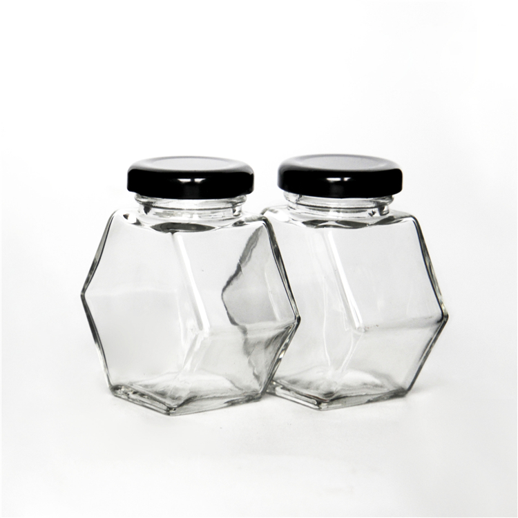 Unique Shape 100ml Hex Glass jar for honey jam jelly storage with metal cap