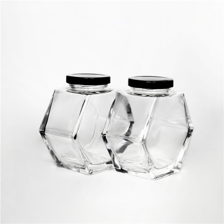 Unique Shape 100ml Hex Glass jar for honey jam jelly storage with metal cap