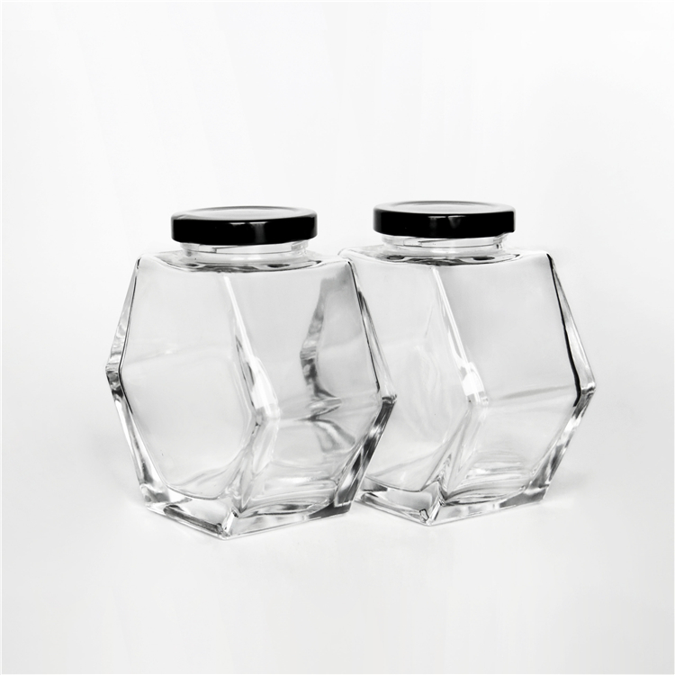 Unique Shape 100ml Hex Glass jar for honey jam jelly storage with metal cap