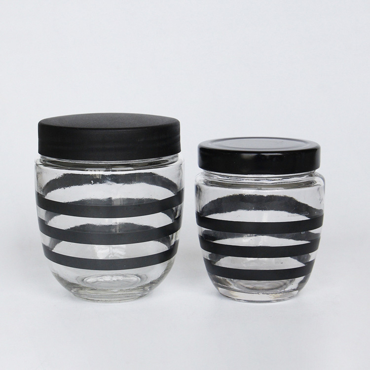 Unique Shape Wholesale Black Stripe Printed 250ml 400ml Round Honey Jam Glass Jar  With Metal Plastic Lid