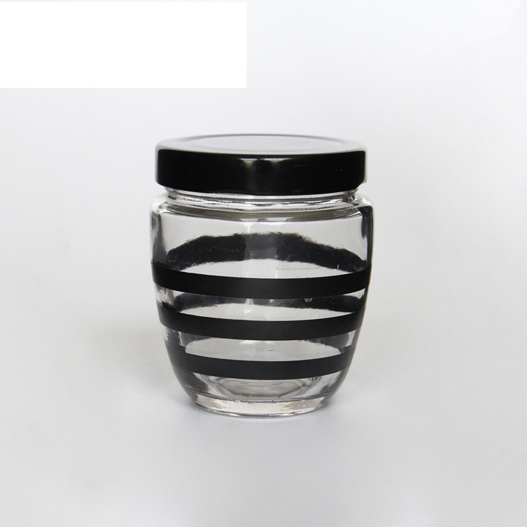 Unique Shape Wholesale Black Stripe Printed 250ml 400ml Round Honey Jam Glass Jar With Metal Plastic Lid