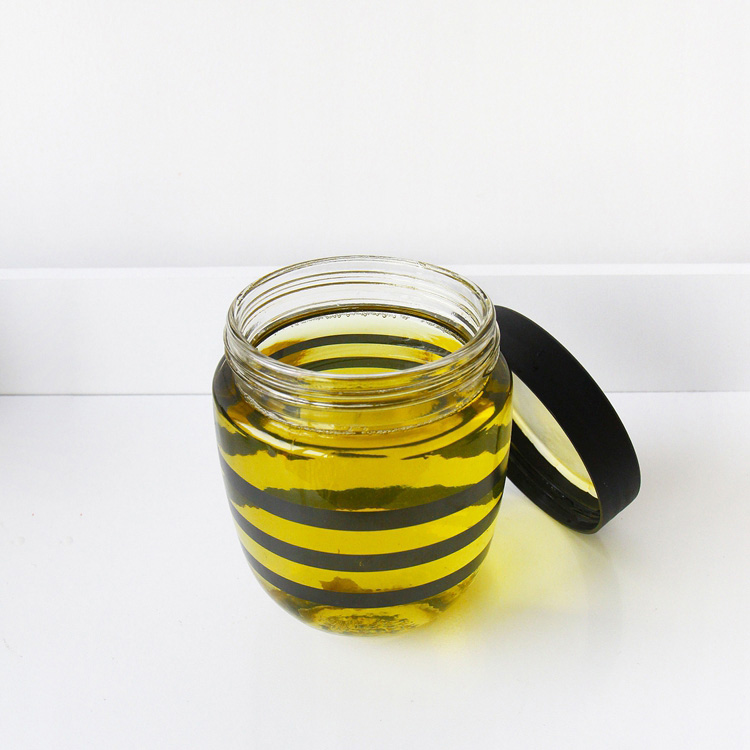 Unique Shape Wholesale Black Stripe Printed 250ml 400ml Round Honey Jam Glass Jar With Metal Plastic Lid