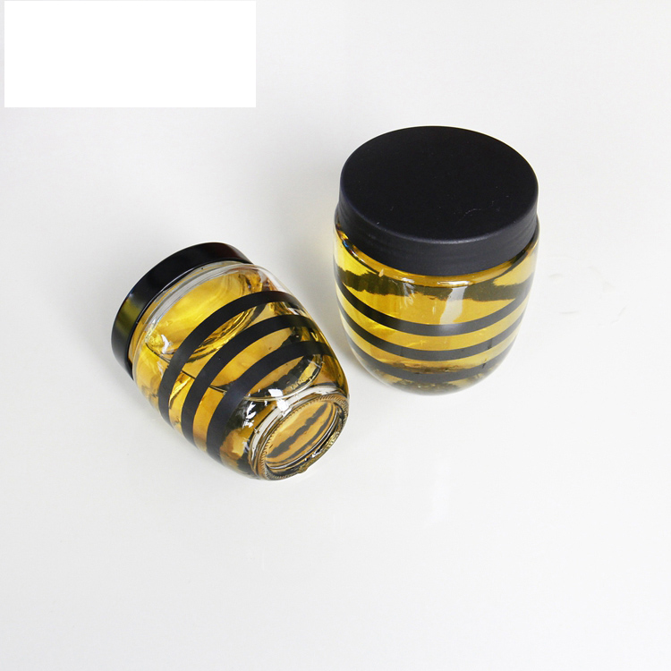 Unique Shape Wholesale Black Stripe Printed 250ml 400ml Round Honey Jam Glass Jar With Metal Plastic Lid