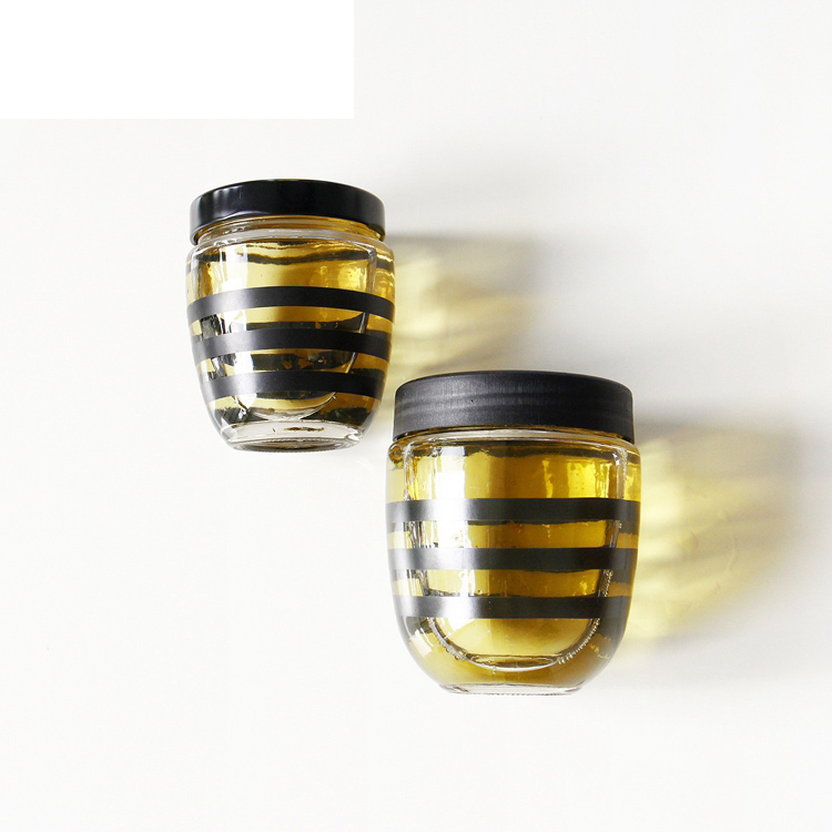 Unique Shape Wholesale Black Stripe Printed 250ml 400ml Round Honey Jam Glass Jar With Metal Plastic Lid