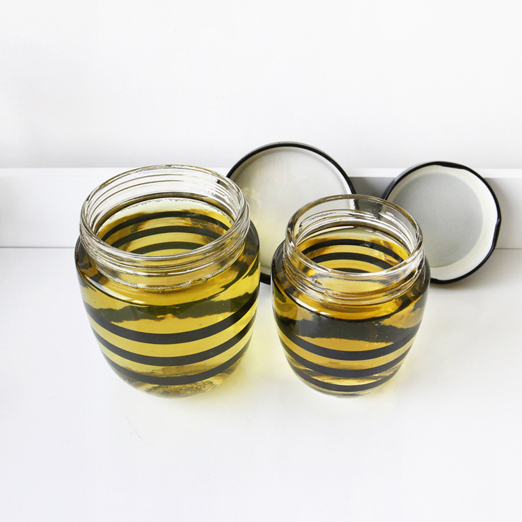 Unique Shape Wholesale Black Stripe Printed 250ml 400ml Round Honey Jam Glass Jar With Metal Plastic Lid