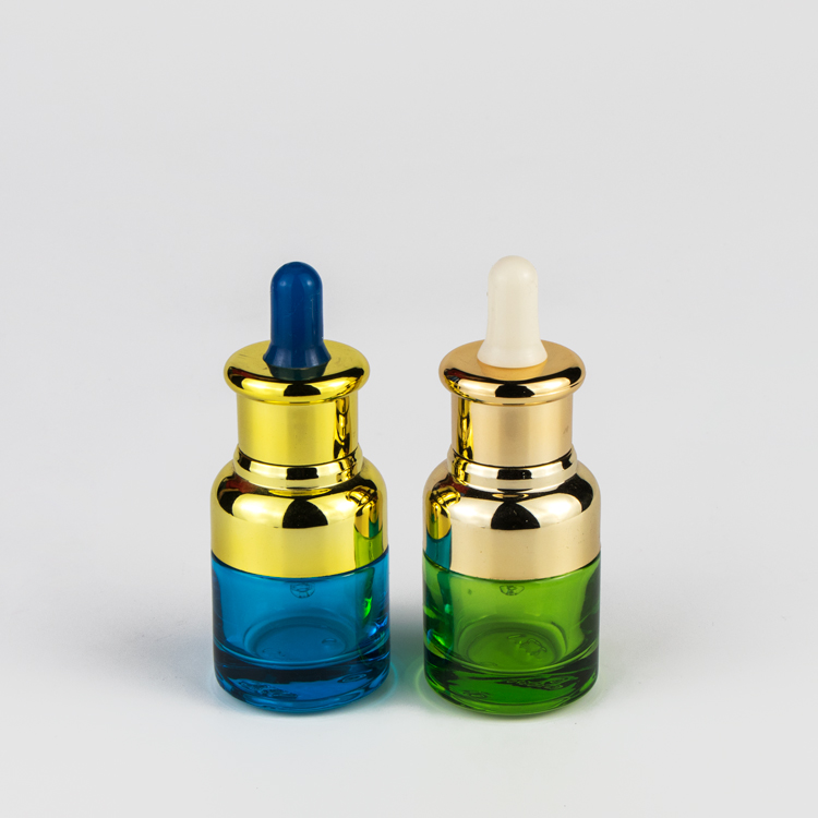 Unique cosmetic luxury glass dropper bottle with UV cap collar and glass dropper