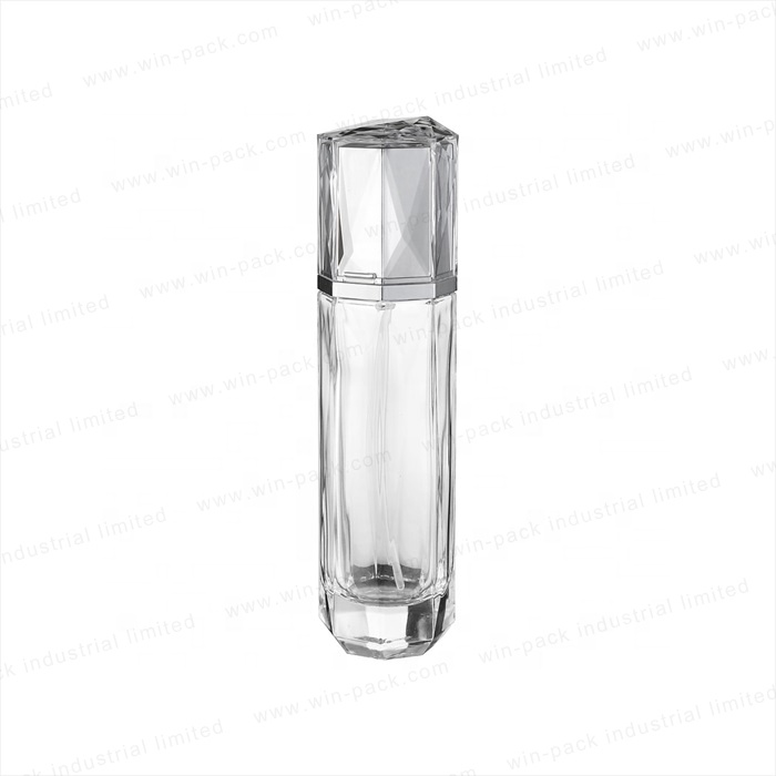 Unique design custom made glass lotion bottle with shiny acrylic cap in high quality low price