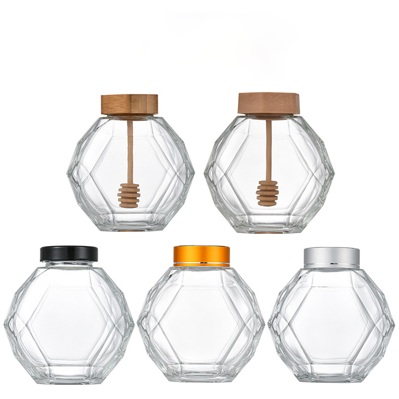 Unique design empty clear 500ml diamond hexagon honey jar glass bottles with wooden cork lids for honey