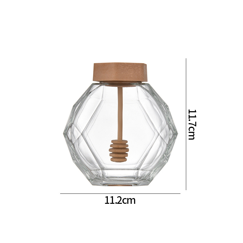Unique design empty clear 500ml diamond hexagon honey jar glass bottles with wooden cork lids for honey