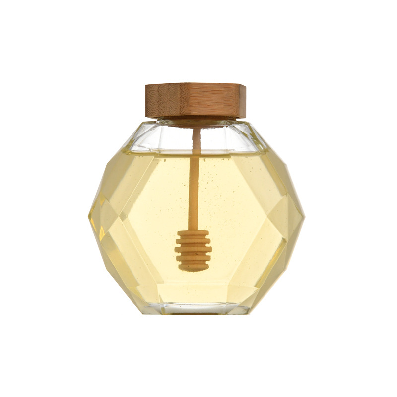 Unique design empty clear 500ml diamond hexagon honey jar glass bottles with wooden cork lids for honey