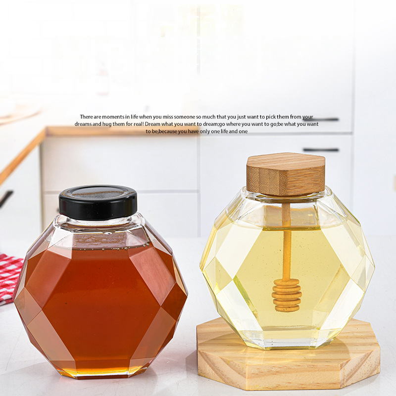 Unique design empty clear 500ml diamond hexagon honey jar glass bottles with wooden cork lids for honey