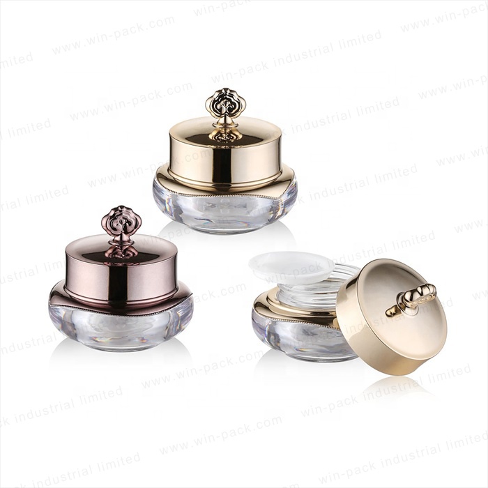 Unique design mini acrylic skin care cream jar with shinny gold color cap