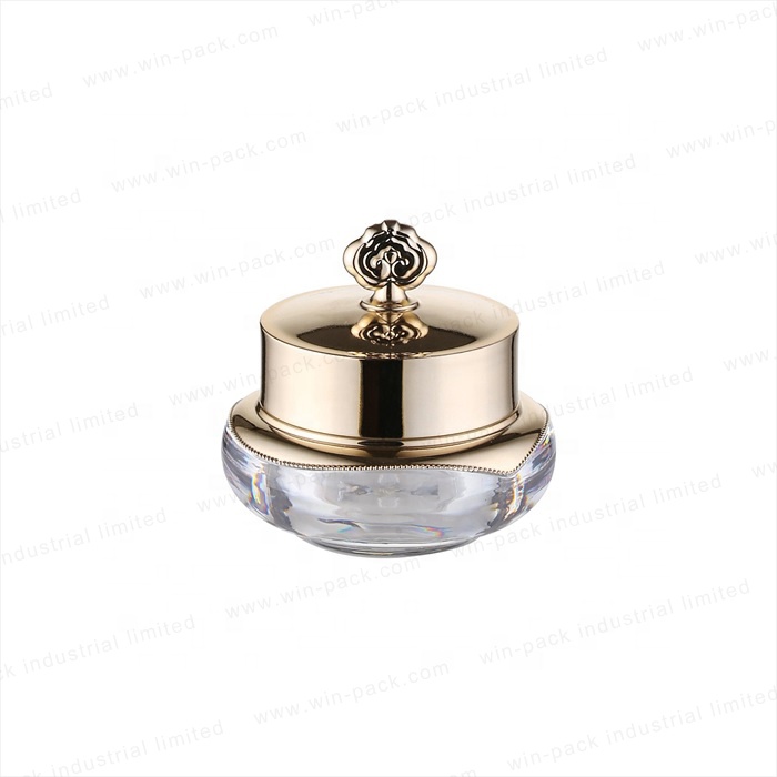 Unique design mini acrylic skin care cream jar with shinny gold color cap