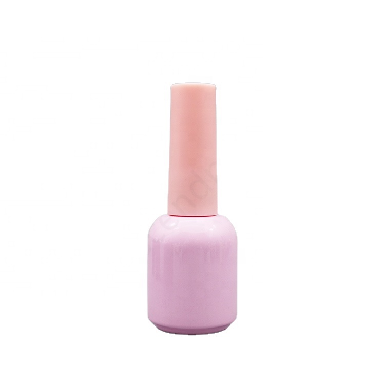 Uv Led protected pink round glass 10ml nail polish bottle uv gel polish glass bottle with pink long cap and gel brush