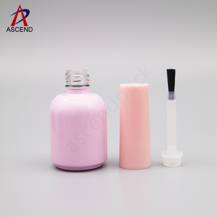 Uv Led protected pink round glass 10ml nail polish bottle uv gel polish glass bottle with pink long cap and gel brush