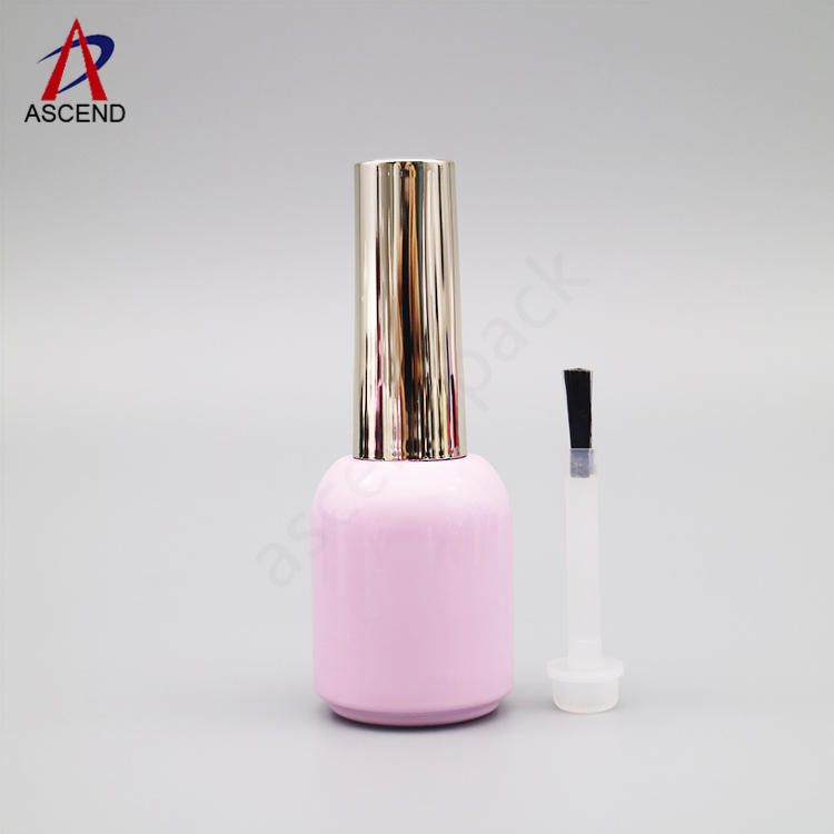 Uv Led protected pink round glass 10ml nail polish bottle uv gel polish glass bottle with pink long cap and gel brush