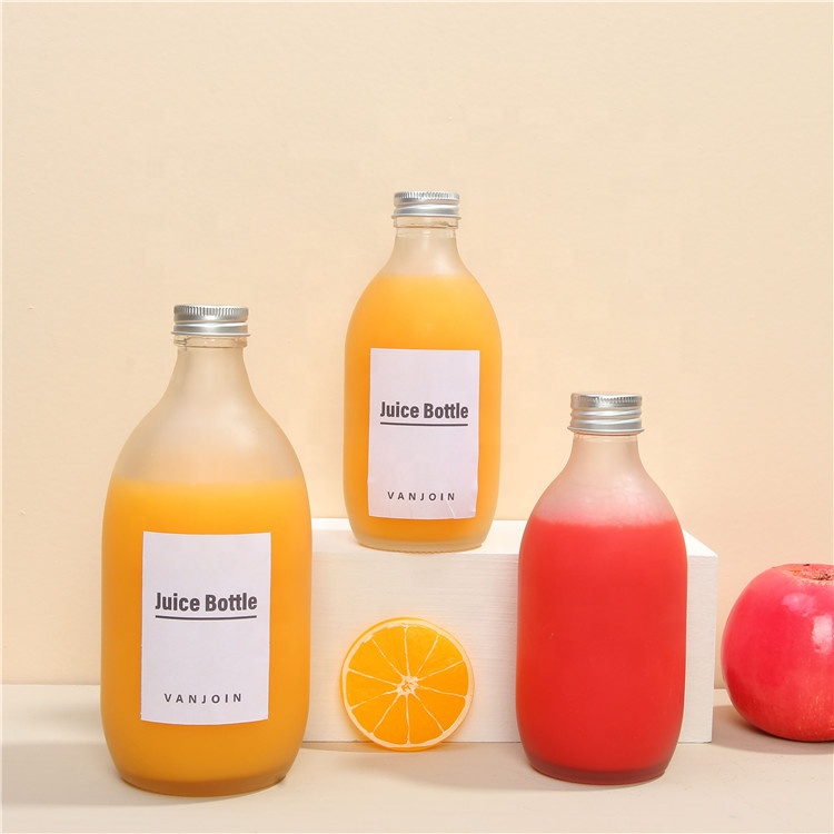 Vanjoin 2021 Beverage Bottles 250ml 300ml 350ml 500ml Frosted Clear Glass Soft Drink Bottle With Screw Aluminum Cap