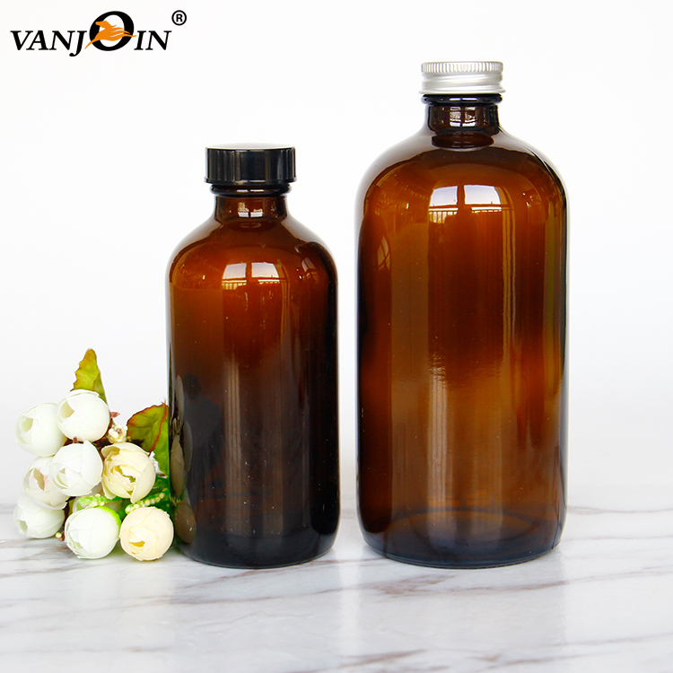 Vanjoin Amber Round 750ml Juice Glass Bottles Beverage Fruit Cold Brew Glass Bottle With 32mm Mouth