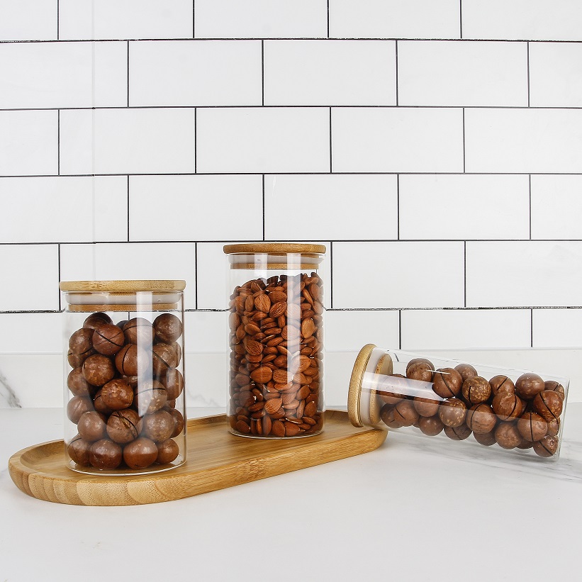 Vanjoin Custom Empty Food Storage Glass Jars Glass with Bamboo Lid and Silicone Ring