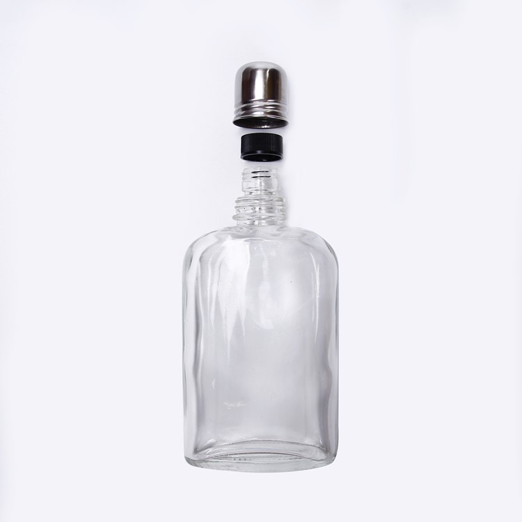 Vanjoin Custom Hip Flask Clear Glass Bottle with Two Caps for Rum Whisky Spirit