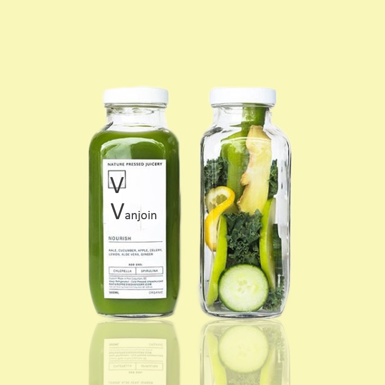 Vanjoin Custom Printing Clear 60ml 250ml 500ml 1000ml French Square Glass Beverage Juice Bottles With Aluminium Cap