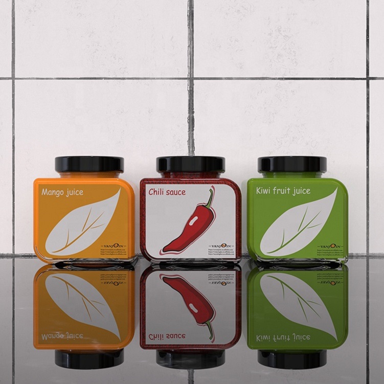 Vanjoin Custom Printing OEM Leaf Shape Spice Jars 350 ml Glass Food Canning Square Jar WIth Metal Lug Cap