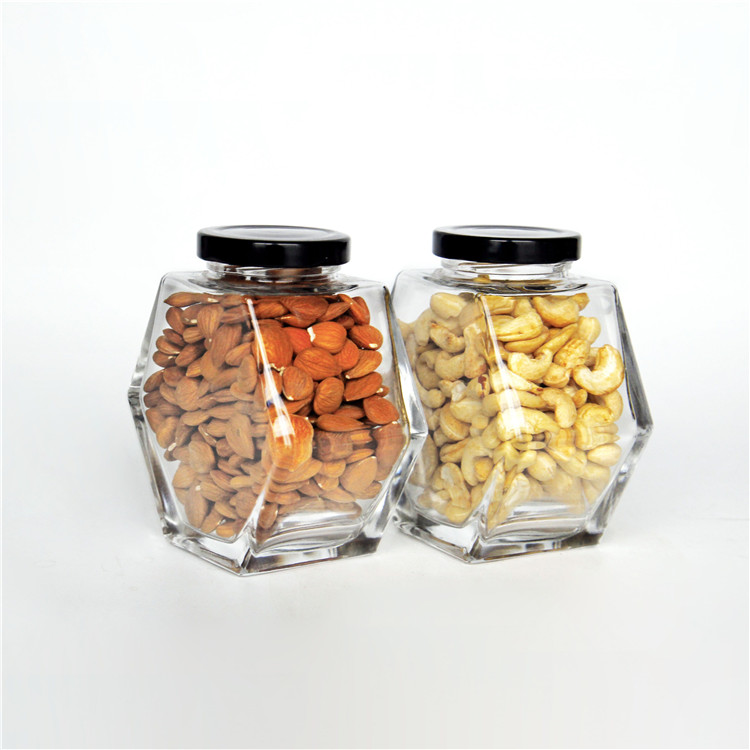 Vanjoin Hexagonal Household Storage Glass Jar With Metal Tinplate Lid 100ml 220ml 380ml