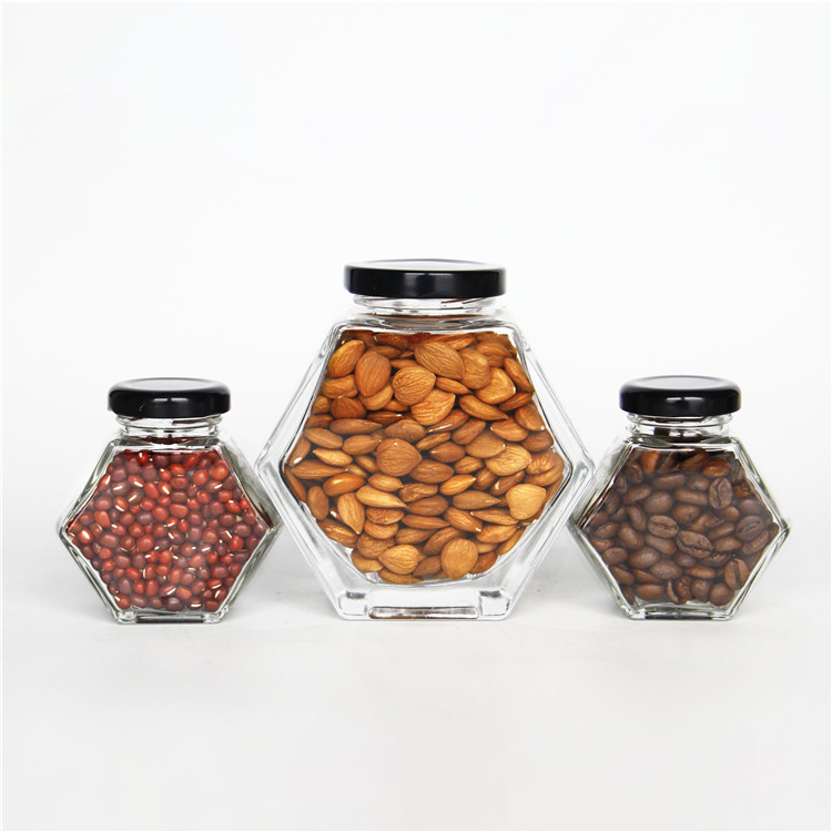 Vanjoin Hexagonal Household Storage Glass Jar With Metal Tinplate Lid 100ml 220ml 380ml