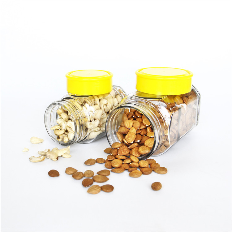 Vanjoin Hot Sale Nuts Snacks Seasoning Packaging Square Glass Storage Bottle With Plastic Screw Lids