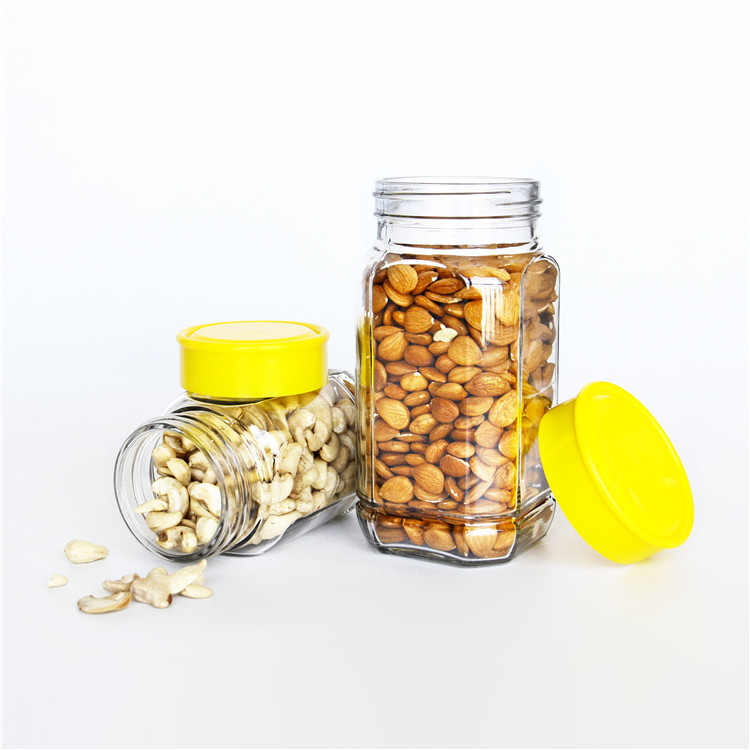 Vanjoin Hot Sale Nuts Snacks Seasoning Packaging Square Glass Storage Bottle With Plastic Screw Lids