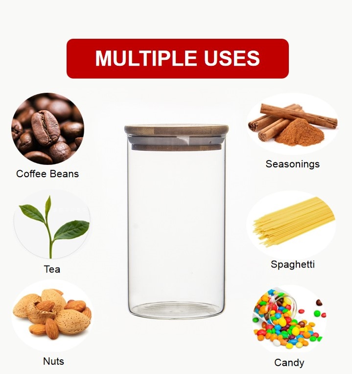 Vanjoin Large empty airtight round bamboo lid glass storage jar for 500ml tea storage jar