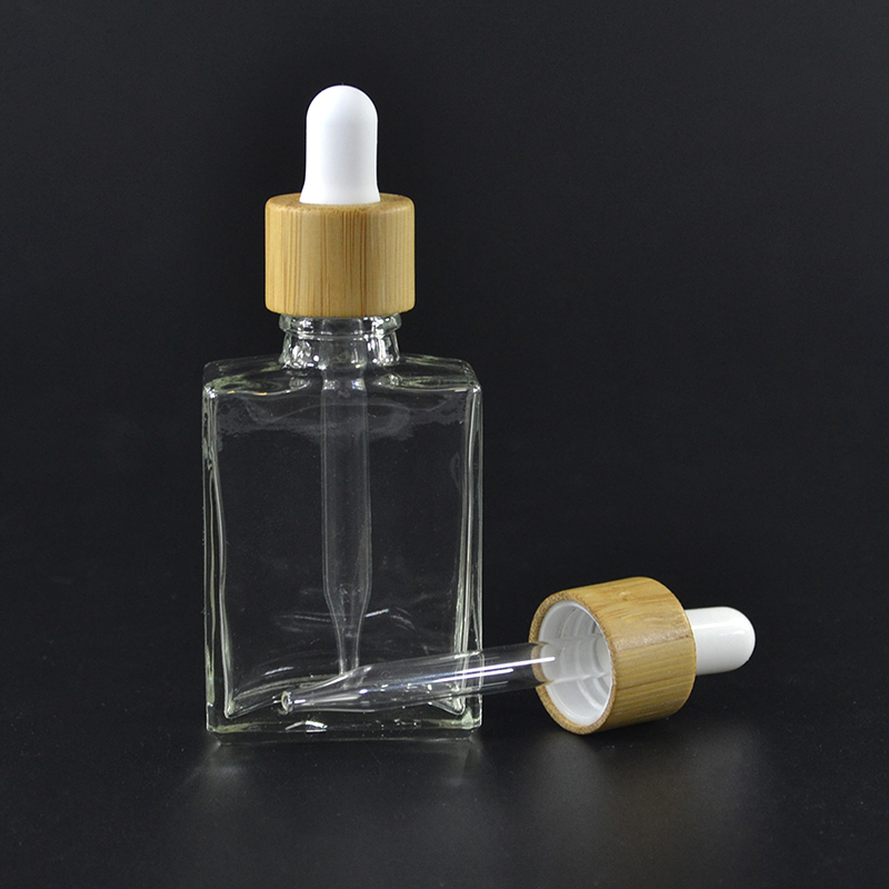 Vape juice serum bottle 15ml 30ml 50ml 100ml rectangle square clear frosted essential oil glass dropper bottle with bamboo cap