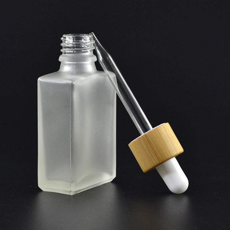 Vape juice serum bottle 15ml 30ml 50ml 100ml rectangle square clear frosted essential oil glass dropper bottle with bamboo cap