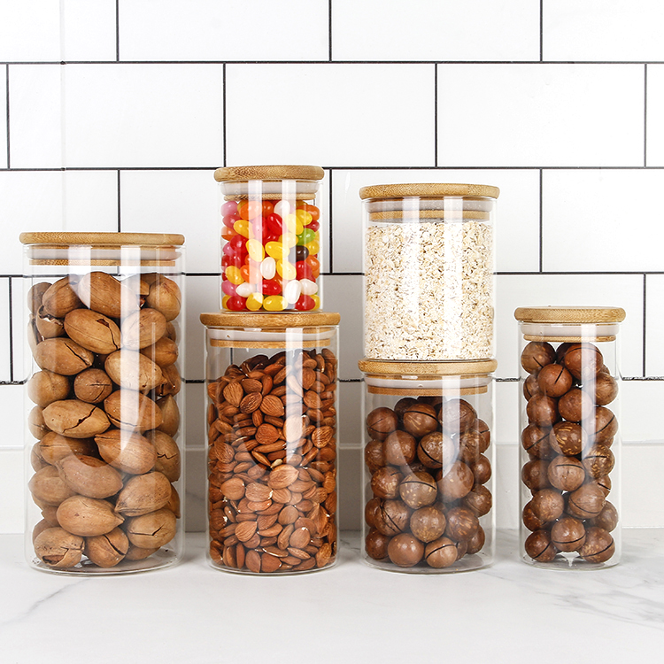 Variety sizes Eco-friendly borosilicate cookie jelly honey glass jar nuts storage jar with bamboo lid