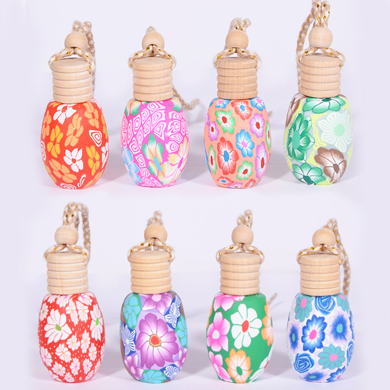 Various Designs Empty Polymer Clay Air Freshener Glass Bottles 10-15ml Refillable Car Hanging Glass Bottle for Car Diffuser Use