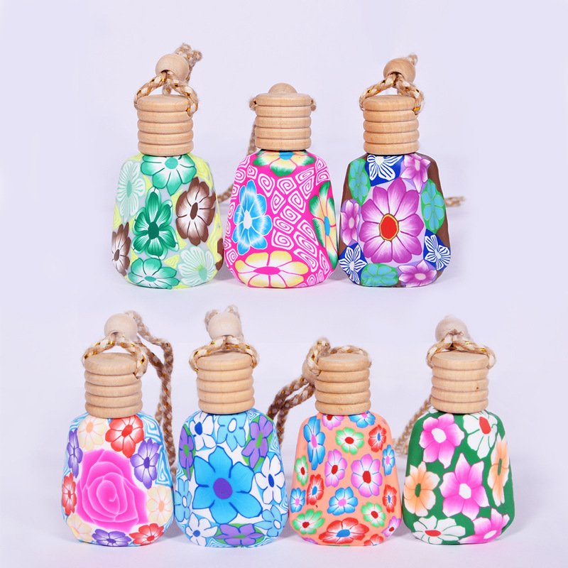 Various Designs Empty Polymer Clay Air Freshener Glass Bottles 10-15ml Refillable Car Hanging Glass Bottle for Car Diffuser Use