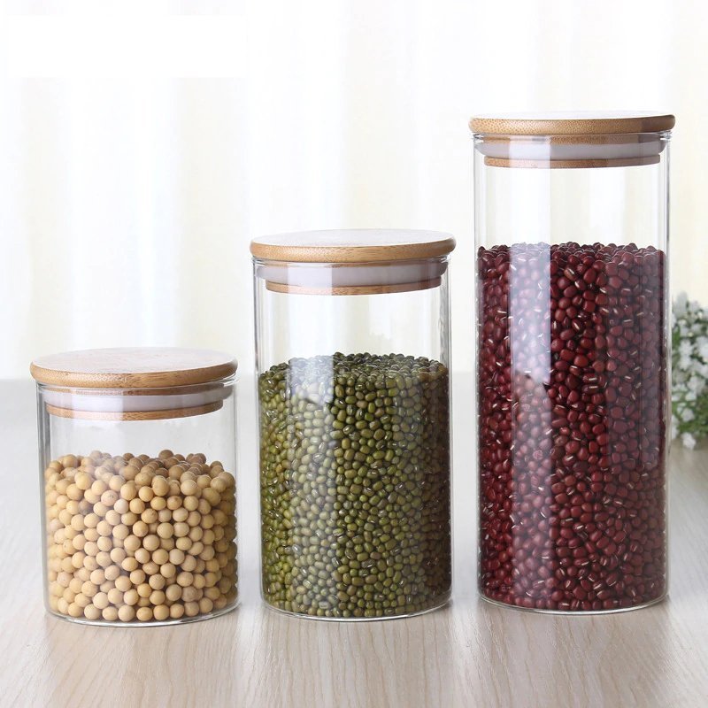 Various Size High Borosilicate Transparent Bamboo Lid Food Storage Cylindrical Glass Jar