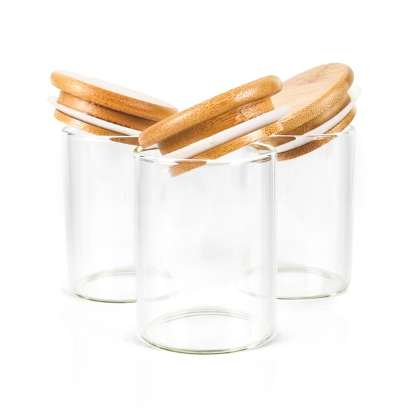 Various Size High Borosilicate Transparent Bamboo Lid Food Storage Cylindrical Glass Jar