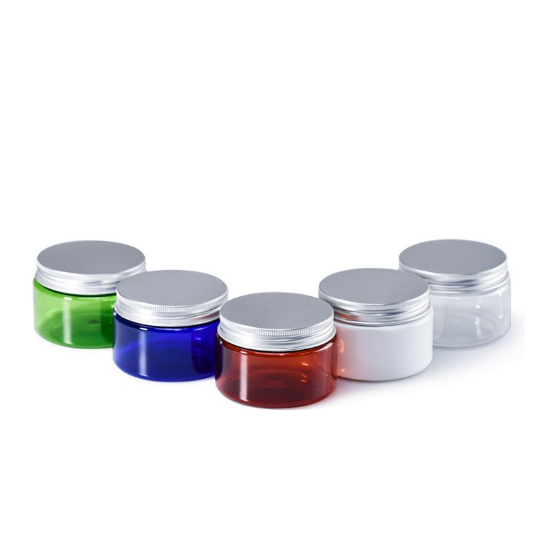 Various size 200ml 250ml 300ml Amber Green blue  pet Skin Care Cream Use plastic cosmetic lotion jars with screw sealing cap