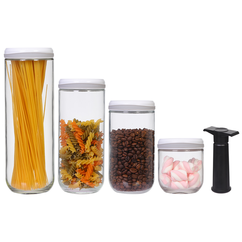 Various size glass vacuum storage jars set