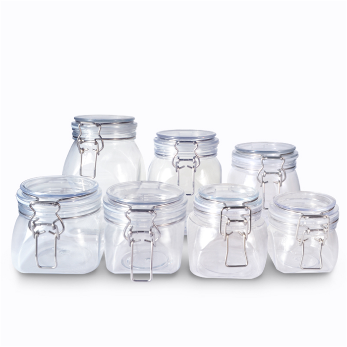 Various size plastic jar with clamp /plastic jar / fido wire bail square canning jars